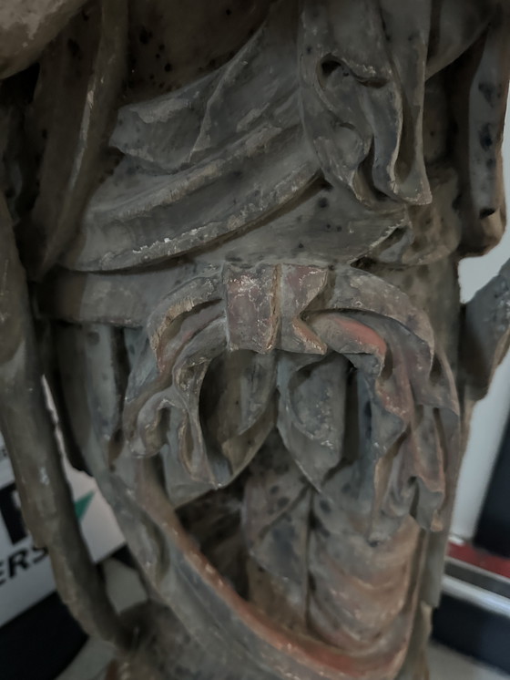 Image 1 of Monumentale, handgeschnitzte chinesische/südostasiatische Tempelstatue aus Holz – Polychromie – 128 cm (Guanyin/Bodhisattva)