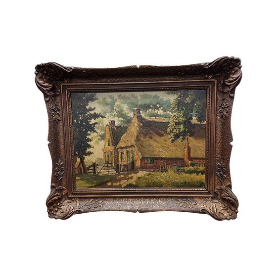 Image 1 of Huile sur panneau de R. Otter avec Farm, milieu du XXe siècle