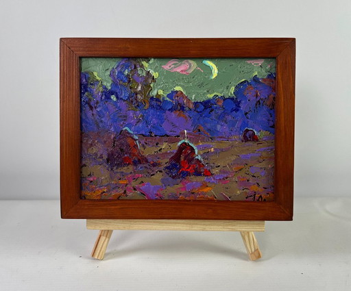 Original Oil Painting Sunset Field Landscape The path into the evening coolness
