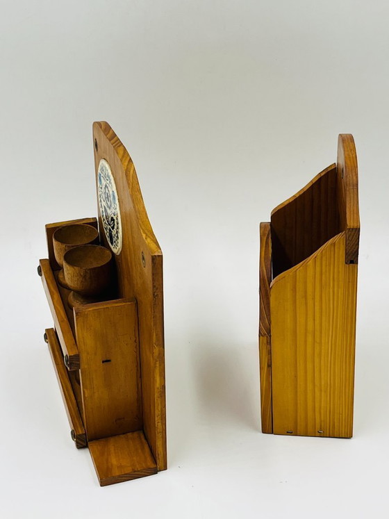 Image 1 of Wooden wall-mounted egg cup holder and utensil holder
