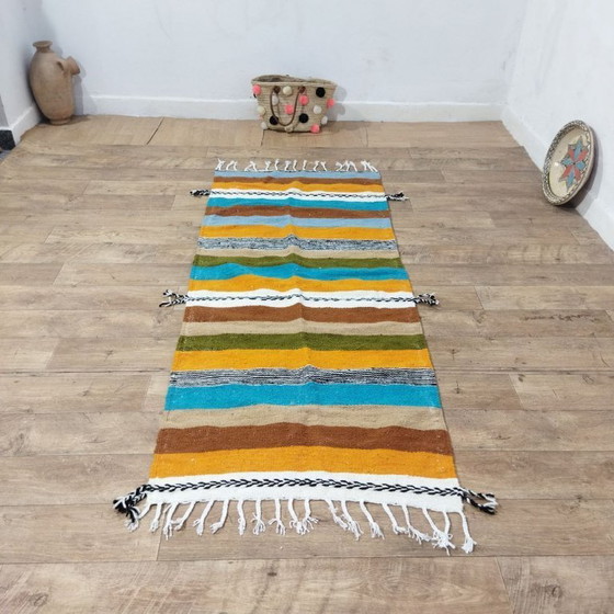 Image 1 of Authentieke Marokkaanse Kilim-loper 216 x 87 cm – Handgemaakt gestreept Berberkleed