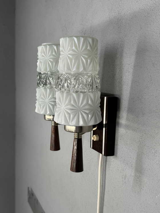 Image 1 of Vintage Wall Lamp 1950s-60s - Glass & Wood Design Classic