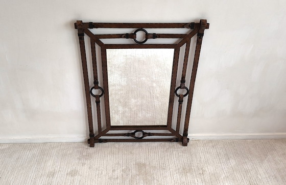 Image 1 of Iconic Large Mirror 1960's Design Jean-Pierre Ryckaert en Métal Façon Cuir Sellier à Surpiqures