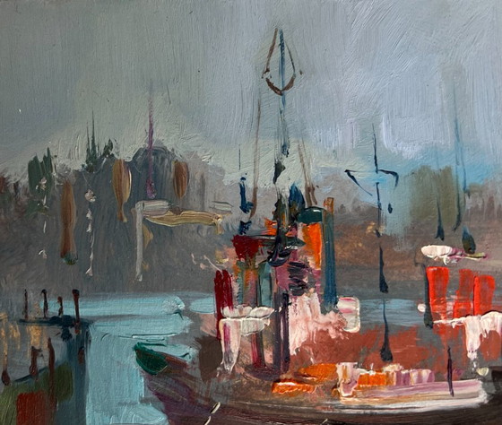 Image 1 of Original Oil Painting City Coastal Landscape Ship at the pier