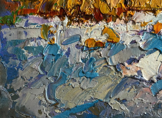 Image 1 of Original Oil Painting Snow Village Landscape Sunny winter day
