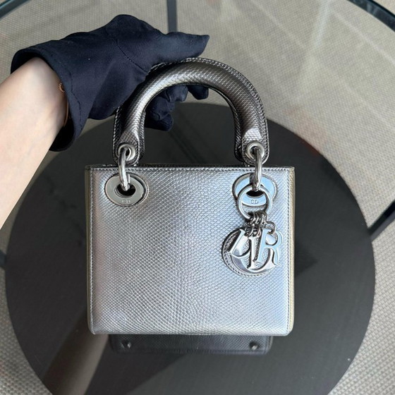 Image 1 of DIOR LADY MINI - LÉZARD EXOTIQUE BICOLE ARGENTÉ