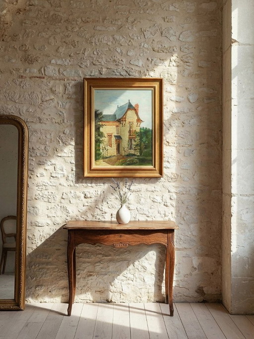Grand tableau "Villa Camille" ancien années 40-60 huile sur toile signé M.Lesoll
