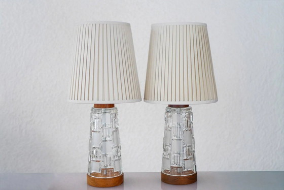 Image 1 of Mid-century modern Scandinavian teak and glass table lamps, set of 2