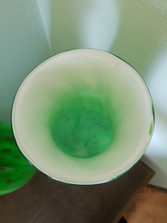 Image 1 of Set hoge Murano handgeblazen glazen vazen siervazen decoratieve vazen sierobjecten in groen met goud, vintage 