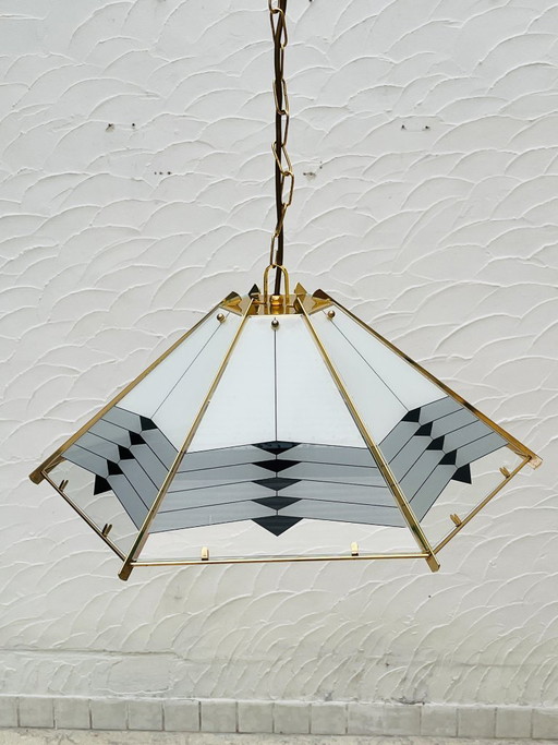 Grande lampada a sospensione vintage in ottone e vetro opalino – Massive, kroonluchters, Glass (photo 2 of 13)