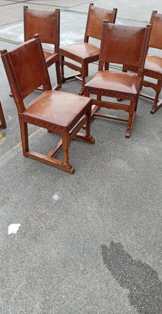 Image 1 of 6 x vintage  Spanish solid wood and leather dining chairs