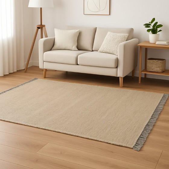 Image 1 of Designer-Teppich 160x230 - Handgefertigt in Ägypten - Ägyptische Wolle - Beige mit grauen Fransen