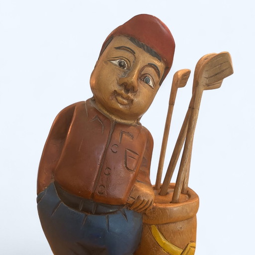 Statue vintage en bois sculptée à la main - Garçon de golf avec clubs de golf
