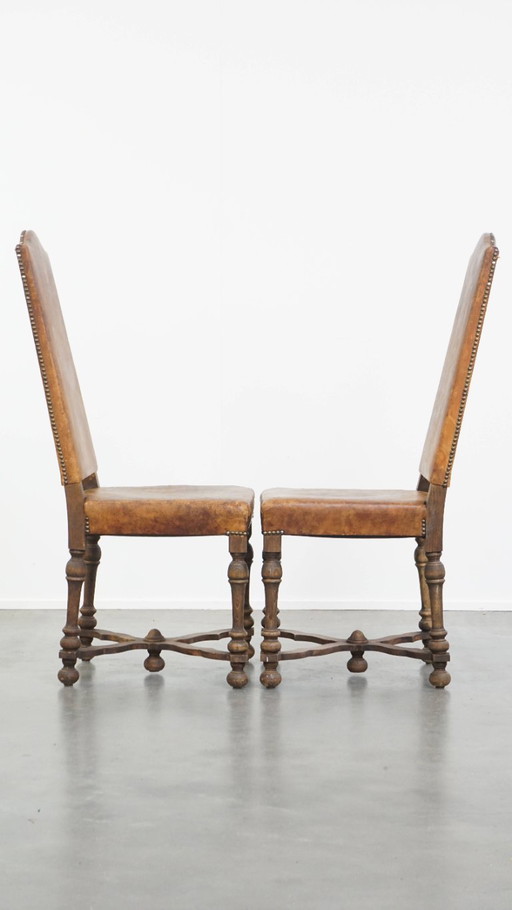 Set of 2 Antique Wood and Sheep Leather Dining Chairs from Early 1900s