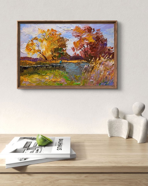 Original Oil Painting Nature Landscape On The Autumn River – schilderijen tekeningen, Canvas (photo 2 of 7)