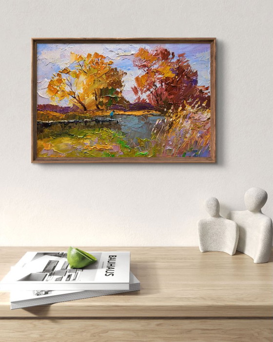 Original Oil Painting Nature Landscape On The Autumn River – Paintings & Drawings, Canvas (photo 2 of 7)