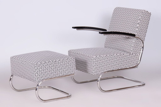 Restored Bauhaus Armchair With Foot Stool, By Mücke-Melder, Steel, Czech, 1930s – fauteuils, Metal, Textile (photo 2 of 8)