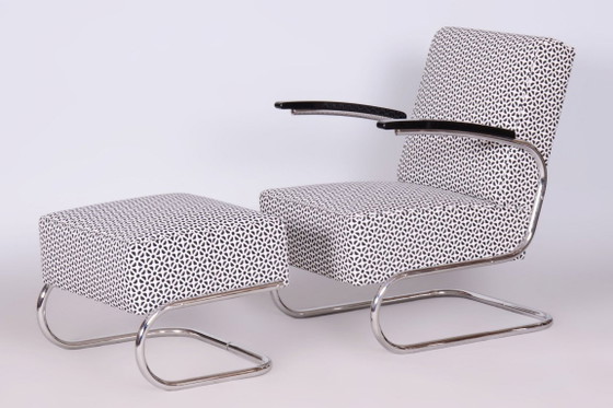 Restored Bauhaus Armchair With Foot Stool, By Mücke-Melder, Steel, Czech, 1930s – Metal, Textile (photo 2 of 8)