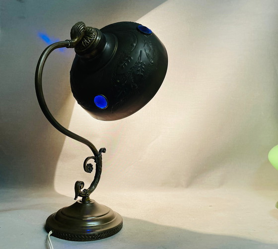 Image 1 of Art Deco Vintage Ornate Brass Table Lamp with Blue Glass Inserts, 1930s