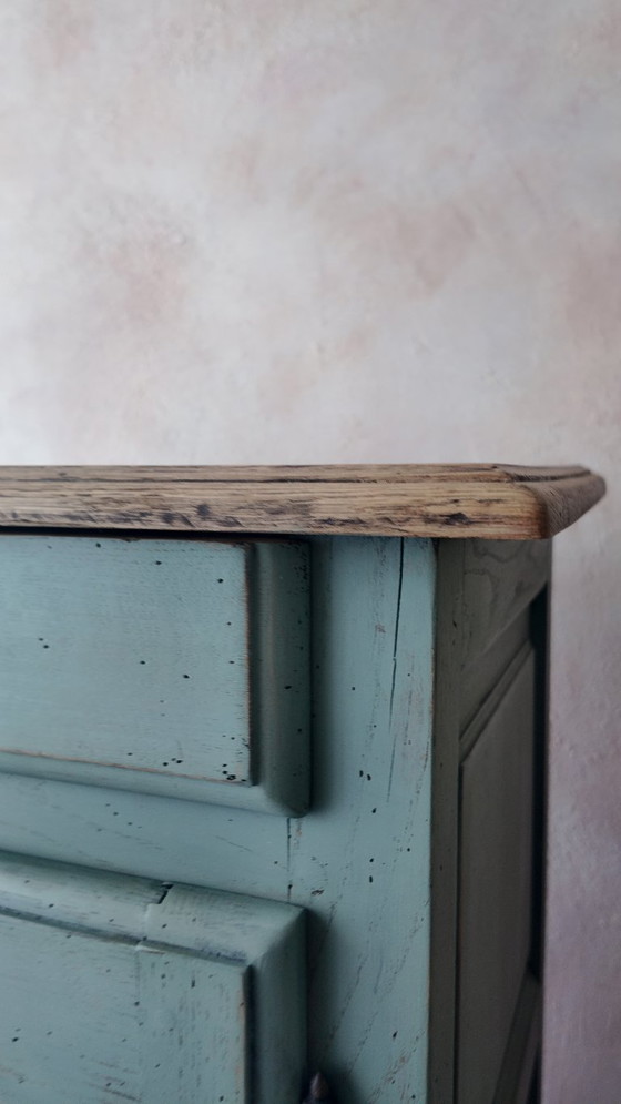 Image 1 of Antique jam cupboard with a sage green patina and solid wood finish