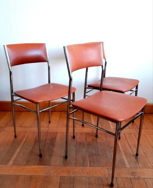 3x Stühle aus der Mitte des Jahrhunderts, bezogen mit Kunstleder und Chrom, ca. 1950