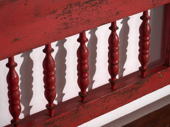 Antique red painted pine bench with turned back – Central Europe, circa 1900 – Benches, Rustic (photo 40 of 40)
