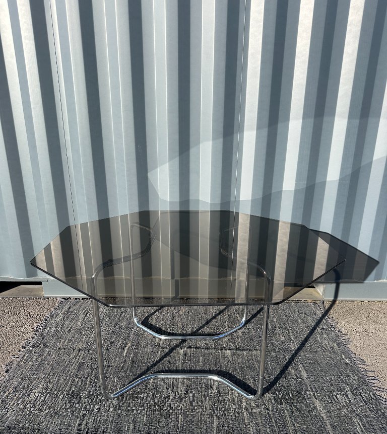 Vintage rectangular dining table with smoked glass and chrome