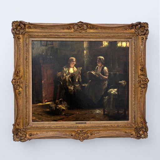 Edward Portielje "The letter", 19th Century Flemish oil Painting of Two Ladies
