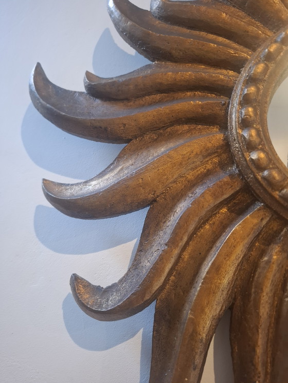 Image 1 of 80cm hoher Sonnenspiegel aus Holz von 1930. 14cm konvexes Glas. RARITÄT