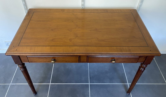 Image 1 of Bureau ancien merisier et marqueterie 2 tiroirs et 2 tablettes 112x60 h76cm