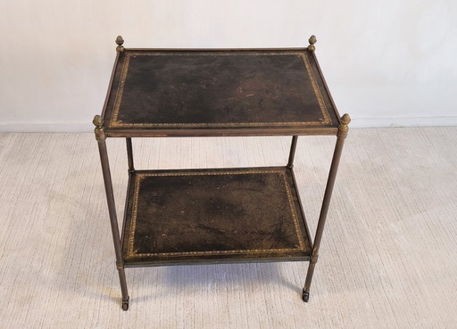 😍✨Prächtiger Barwagen von Maison Jansen – Messing, Bronze und Blattgoldleder – Um 1950✨😍