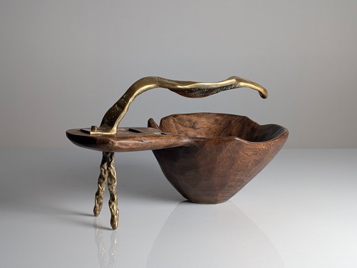 Coupe à fruits sculpturale en bronze et bois de David Marshall, centre de table, années 1970