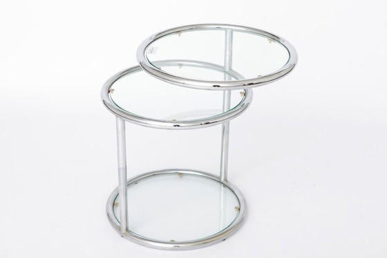 Image 1 of Vintage Chrome & Glass Side Table, Germany 1970s, Mid Century Modern Round End Table, Bauhaus Style Metal Coffee Table, Space Ag