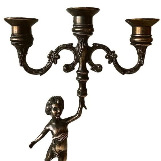 Image 1 of Vintage zware messing Putti Cherubijn 3-armige kandelaar 1960's