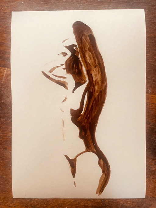Monochrome Painting Brown Earth Wabi Sabi Female Portrait “Play of Shadows” – schilderijen tekeningen, Paper (photo 2 of 8)