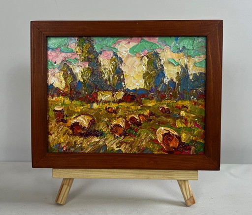 Original Oil Painting Summer Field Landscape Haystacks in the field