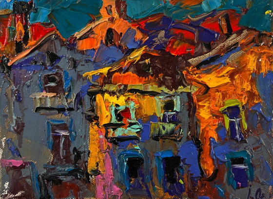 Original Oil Painting Gloomy Houses Landscape The City In Night Lights – Paintings & Drawings, Canvas (photo 3 of 8)