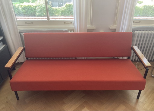 Divano Design 3 Posti - Rivestimento Arancione - Struttura in Metallo Nero - Braccioli in Legno – 3 5 zitsbanken, Textile
