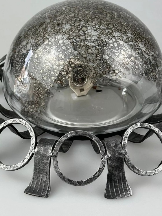 Image 1 of 60s 70s Brutalistische wandlamp of plafondlamp van ijzer & glas design