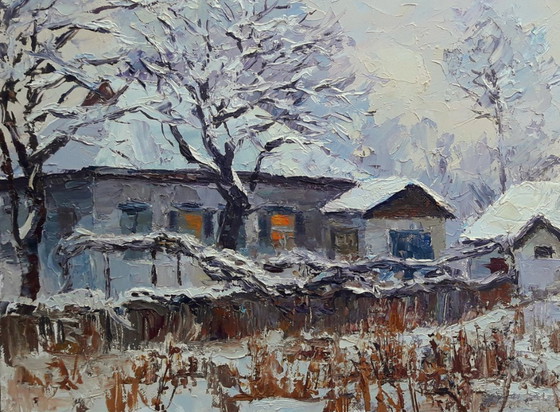 Origineel Olieverfschilderij Landelijk Landschap Dorpshuis Winteravond – Schilderijen & Tekeningen, Canvas (photo 8 of 8)