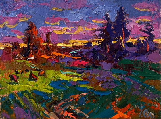 Image 1 of Original Oil Painting Colorful Sky Landscape Summer Blue Night