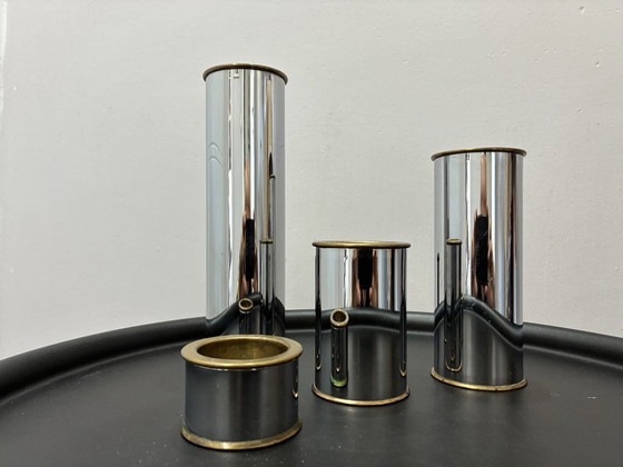 Set of 4 Cylinder 2000 candle holders by Staffan Engelsson, 1970s, Chrome, Brass, Silver (photo 2 of 8)
