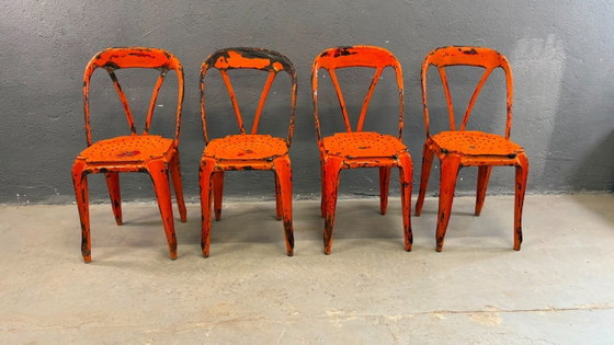 Image 1 of Set van vier industriële metalen eetkamerstoelen van Joseph Mathieu, gelakt staal, jaren 1920, Frankrijk
