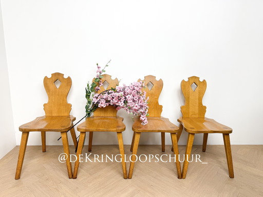 4 sedie vintage in legno in stile brutalista con motivo a rombi