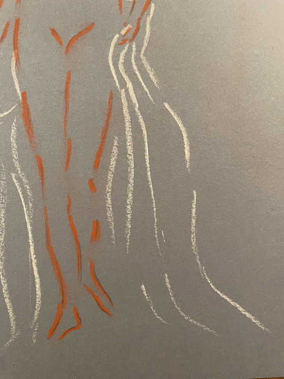 Image 1 of Tableau Signé Sanguine Pastel Blanc Papier Bleu Denim Portrait Femme Bains