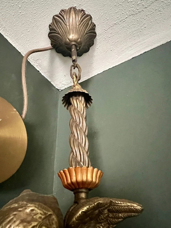 Originele Art Nouveau Lamp met vliegende bronzen cherubijn en kristalglas, circa 1915. Vintage Bronzen (photo 10 of 10)