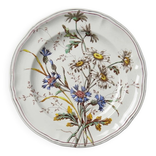 Antike Longchamp Flachschale mit polychromen Gänseblümchen aus Eisenstein.