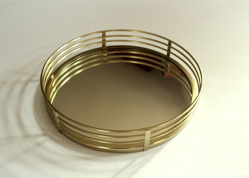 Elegant round serving tray - mirror tray - brass/glass - vintage