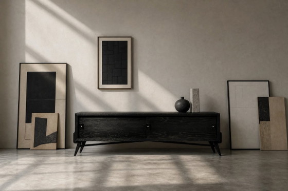 Image 1 of Vintage Mid-Century Modern Scandinavian Dark Oak Sideboard with Wooden & Metal Handles, 1960s