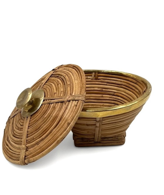 Mid-century set of 3 brass and wicker bowls, Italy ca. 1970, Decorative Objects, Rattan, Brown, Vintage (photo 5 of 10)